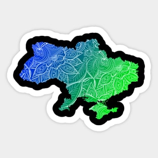 Colorful mandala art map of Ukraine with text in blue and green Sticker